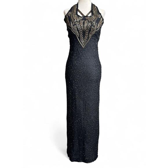 100% Silk Beaded Formal Halter Dress Size XS Statement Dress Glam Luxe - Picture 1 of 14
